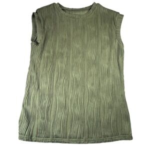 Olive Green Sleeveless Top Medium Ribbed Pleated Tank Shirt Casual Womens